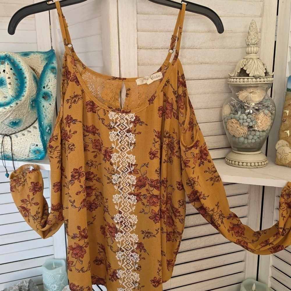 Rewind Mustard Floral Cold Shoulder Tunic Top L Boho Embroidered NKC18863AW